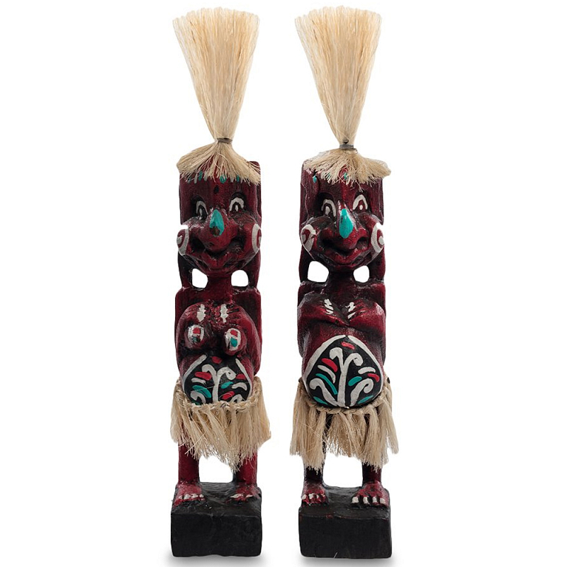 Комплект из 2-х деревянных статуэток Asmat Straw Headdress Statuettes Red Turquoise Красный Бежевый Бирюзовый Белый Мульти Комплект из 2-х деревянных статуэток Asmat Straw Headdress Statuettes Red Turquoise Красный Бежевый Бирюзовый Белый Мульти в Брянске | Loft Concept
