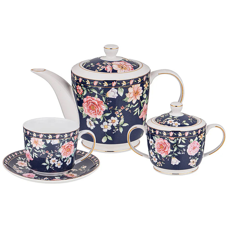 Чайный сервиз из фарфора синий на 6 персон 14 предметов Flower Porcelain Collection Синий Мульти Чайный сервиз из фарфора синий на 6 персон 14 предметов Flower Porcelain Collection Синий Мульти в Брянске | Loft Concept