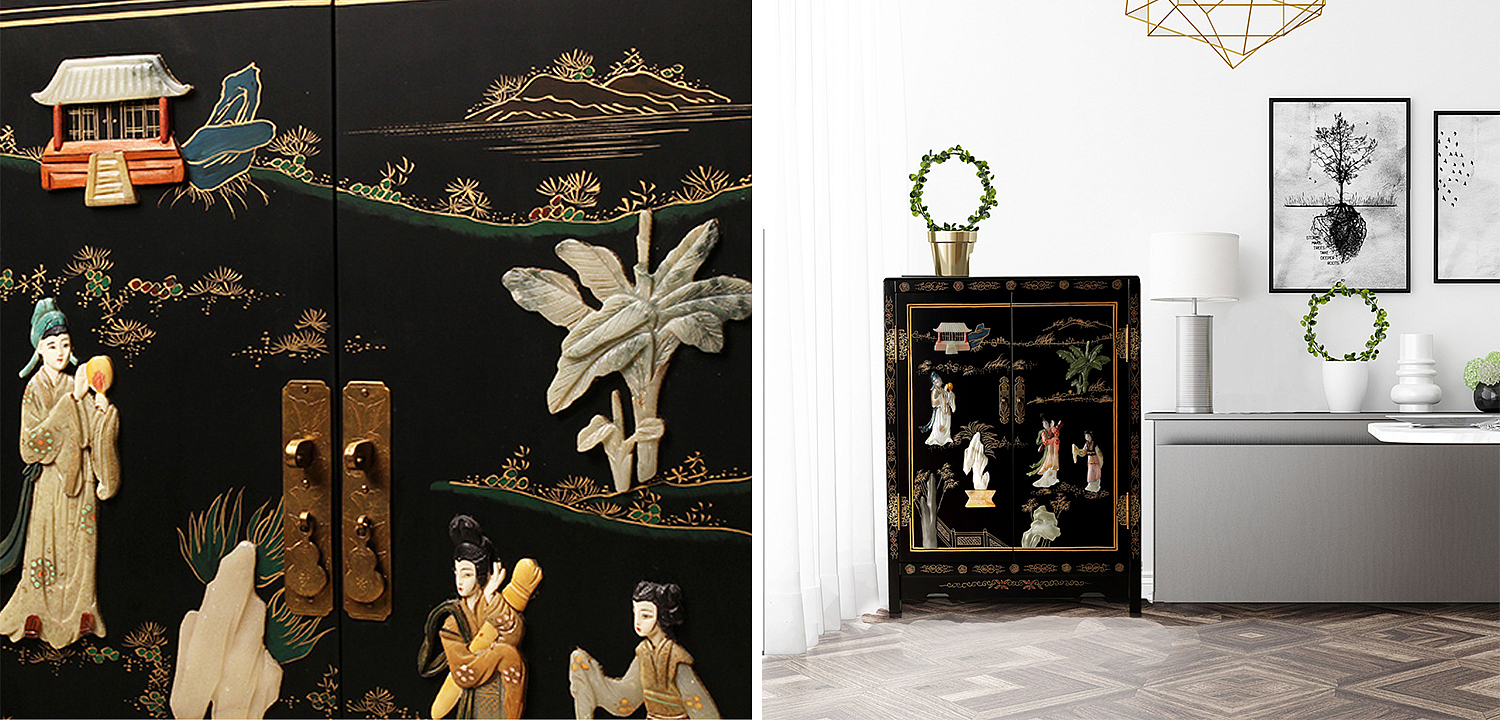 Черный Двухдверный Комод в Китайском стиле с каменным Барельефом Black Chinese Chest of drawers Черный Двухдверный Комод в Китайском стиле с каменным Барельефом Black Chinese Chest of drawers - Loft-Concept в Брянске