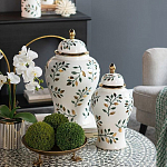 Ваза белая с крышкой с рисунком зеленых и золотых листьев 48 см Chinoiserie Ceramics варинант исполнения - 4 | Loft Concept в Брянске