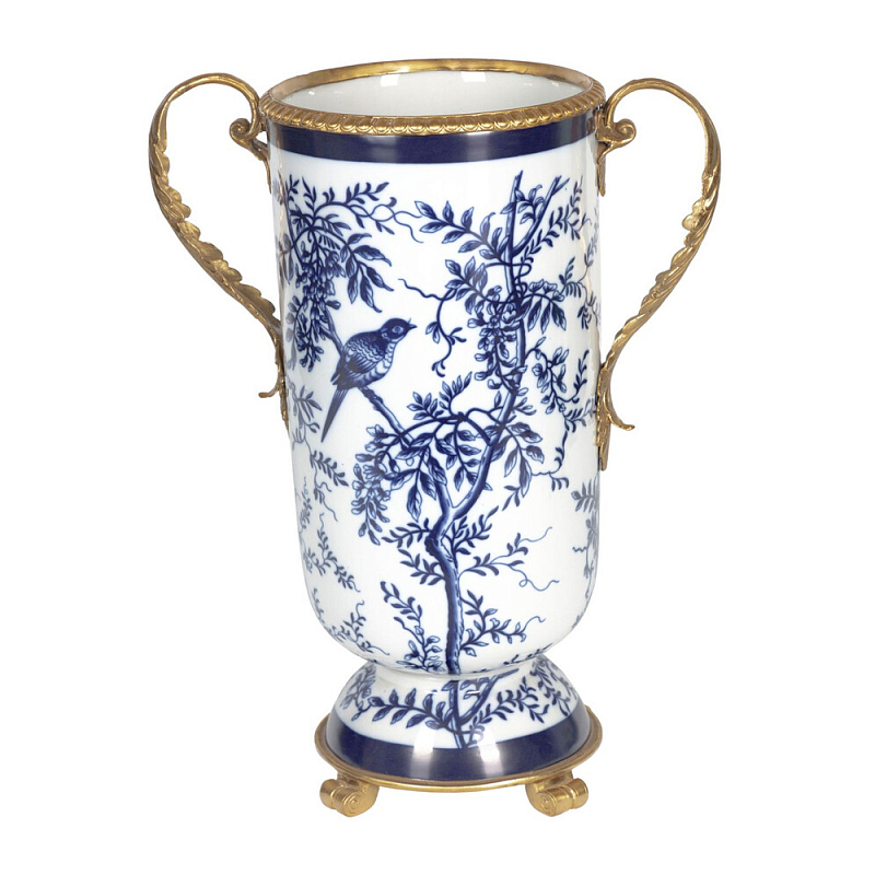 Ваза с бронзовыми ручками и синим цветочным узором Blue & White Ornament Синий Белый Бронза в Брянске | Loft Concept 