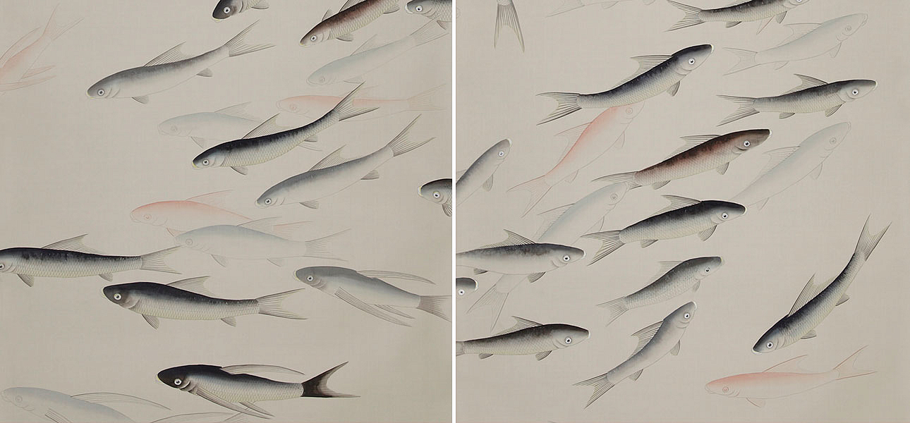 Обои ручная роспись Fishes Blue Pearl on Icefield dyed silk Обои ручная роспись Fishes Blue Pearl on Icefield dyed silk - Loft-Concept в Брянске