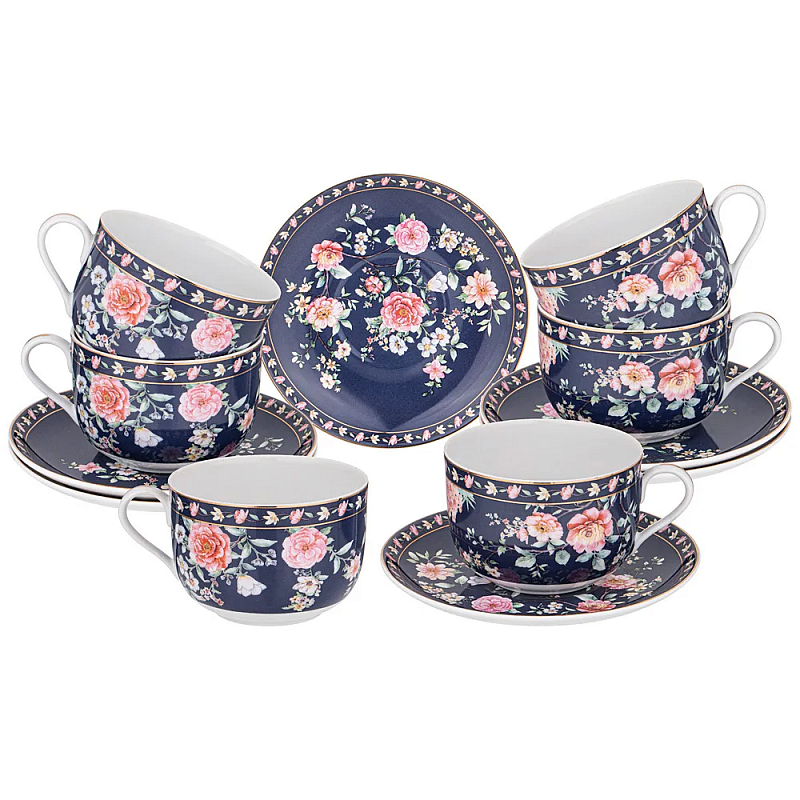 Чайный набор из фарфора синий на 6 персон 12 предметов Flower Porcelain Collection Синий Мульти Чайный набор из фарфора синий на 6 персон 12 предметов Flower Porcelain Collection Синий Мульти в Брянске | Loft Concept