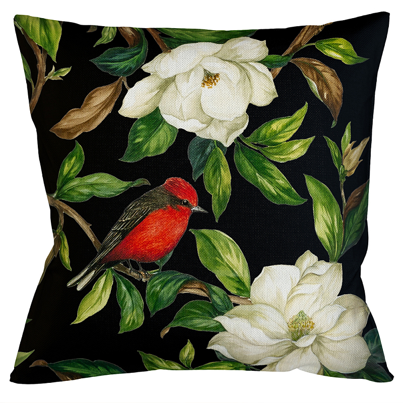 Декоративная подушка чёрная с изображением птиц и цветов Blooming Reds Birds Мульти Черный в Брянске | Loft Concept 