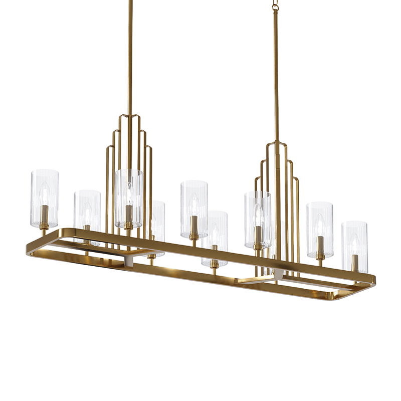 Люстра прямоугольная цвета латунь с прозрачными рифлеными цилиндрическими плафонами Kichler Латунь Прозрачное Стекло Никель в Брянске | Loft Concept 