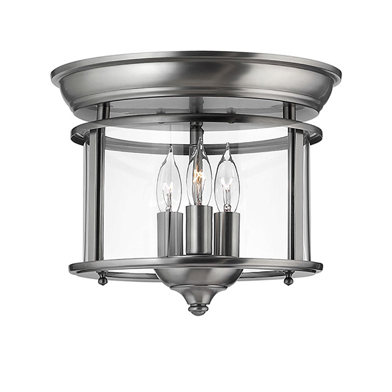 Потолочный светильник в форме фонаря с прозрачным цилиндрическим плафоном и тремя лампами в форме свечей Hinkley Латунь Прозрачное Стекло Олово в Брянске | Loft Concept 