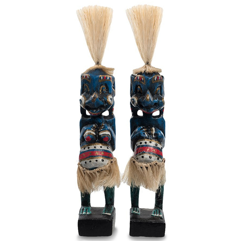 Комплект из 2-х деревянных статуэток Asmat Straw Headdress Statuettes Blue Colorful Tattoo Синий Черный Бежевый Красный Бирюзовый Мульти Комплект из 2-х деревянных статуэток Asmat Straw Headdress Statuettes Blue Colorful Tattoo Синий Черный Бежевый Красный Бирюзовый Мульти в Брянске | Loft Concept