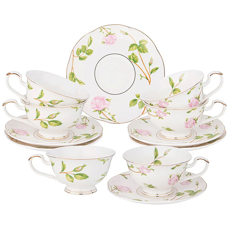 Чайный набор из фарфора белый с цветочным принтом на 6 персон 12 предметов Flower Porcelain Collection Белый Мульти Чайный набор из фарфора белый с цветочным принтом на 6 персон 12 предметов Flower Porcelain Collection Белый Мульти в Брянске | Loft Concept