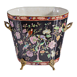 Кашпо из фарфора черная с цветочной росписью и бронзовой стрекозой Spring Garden варинант исполнения - 1 | Loft Concept в Брянске