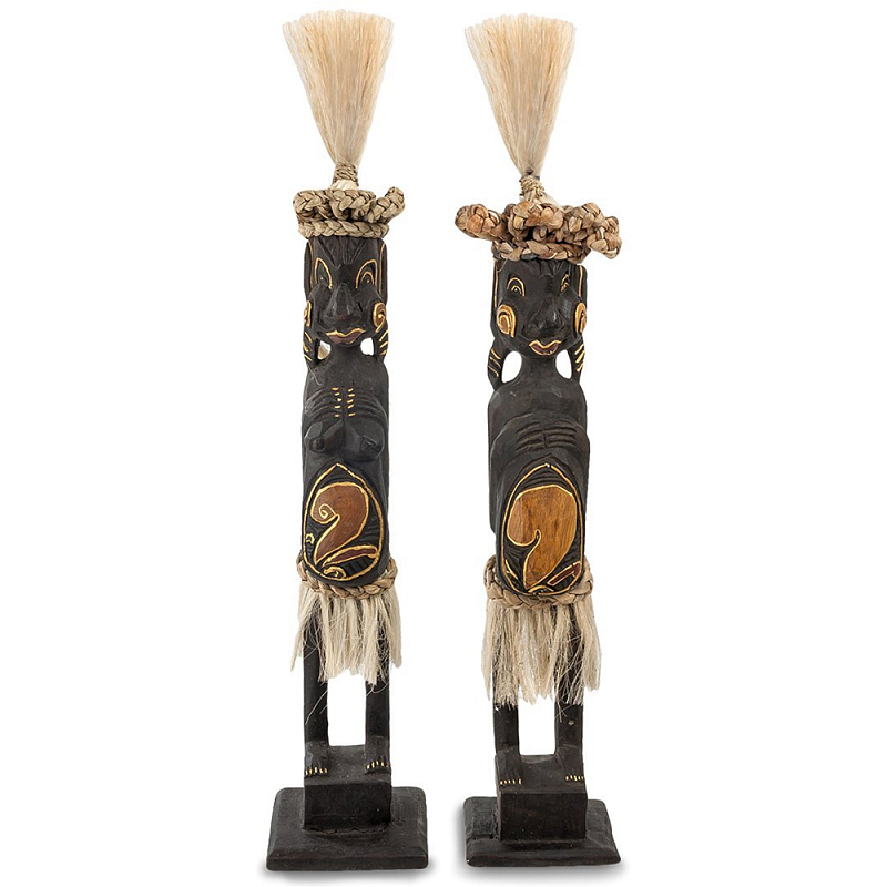 Комплект из 2-х статуэток из массива албезии Asmat Statuettes Albesia Черный Коричневый Бежевый в Брянске | Loft Concept 