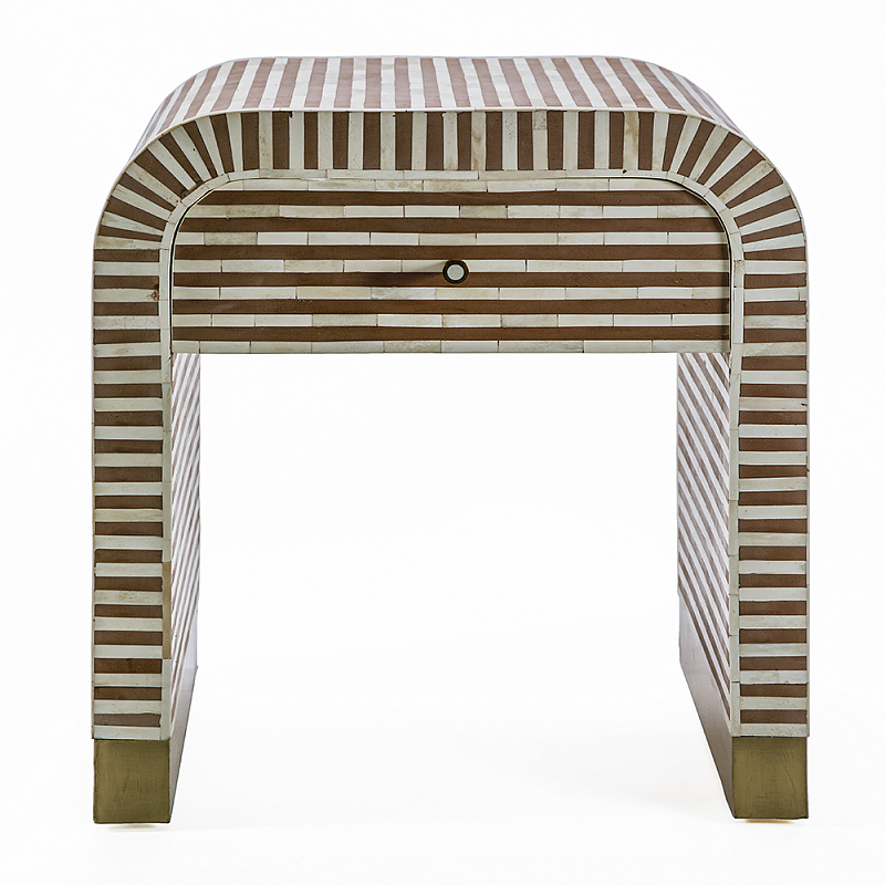 Тумбочка прикроватная с ящиком Tofino Stripes Bone Inlay Bedside Beige ivory ( слоновая кость ) Коричневый Золотой в Брянске | Loft Concept 