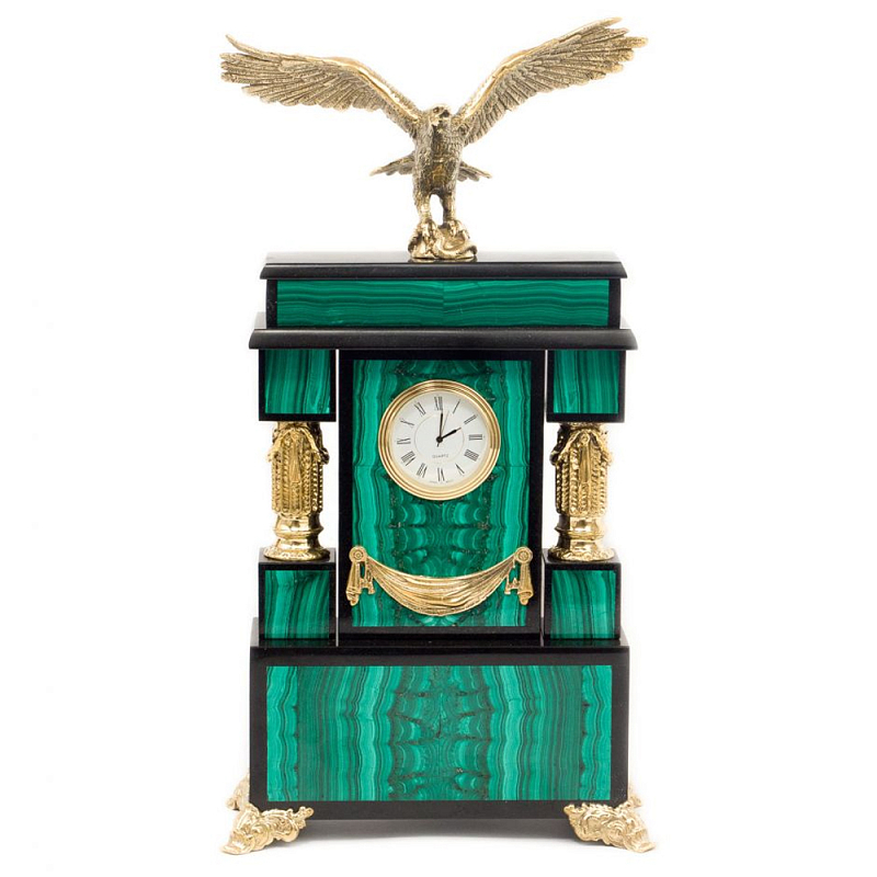 Часы настольные из натурального камня Малахит с декором в виде орла Eagle Stone Clock Малахит Золотой Черный в Брянске | Loft Concept 