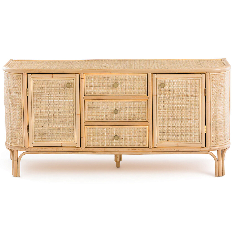 Длинный комод из ротанга с дверцами и ящиками Simone Rattan Chest of Drawers Древесина Латунь Длинный комод из ротанга с дверцами и ящиками Simone Rattan Chest of Drawers Древесина Латунь в Брянске | Loft Concept