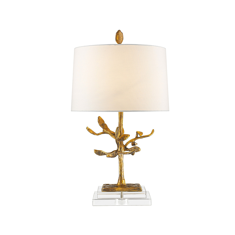 Настольная лампа с кремовым льняным цилиндрическим абажуром и ножкой в форме золотистой ветки Gilded Nola Золотой Белый Бежевый в Брянске | Loft Concept 