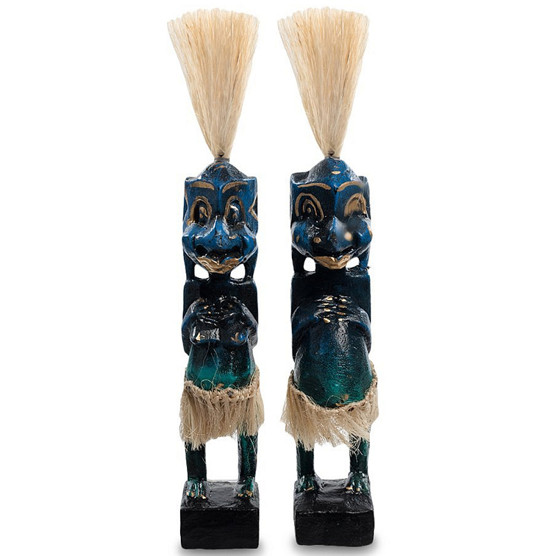 Комплект из 2-х деревянных статуэток Asmat Straw Headdress Statuettes Blue Синий Бирюзовый Бежевый Комплект из 2-х деревянных статуэток Asmat Straw Headdress Statuettes Blue Синий Бирюзовый Бежевый в Брянске | Loft Concept