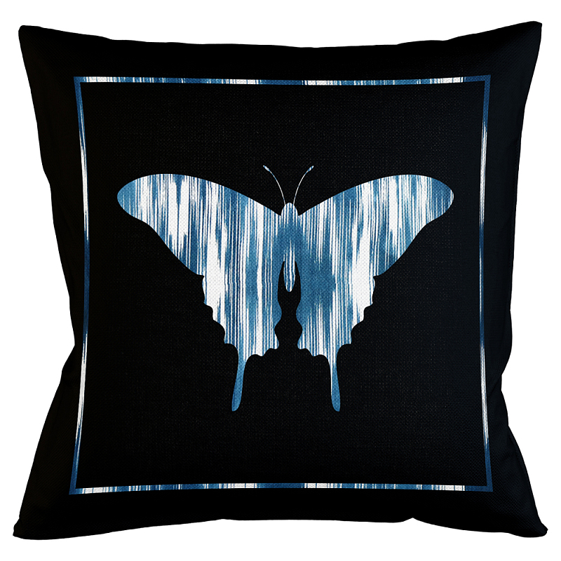 Подушка декоративная Бабочка с синим узором Ikat Pattern Черный Белый Синий Бежевый Подушка декоративная Бабочка с синим узором Ikat Pattern Черный Белый Синий Бежевый в Брянске | Loft Concept