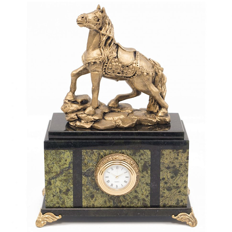 Часы настольные из натурального камня с декором в виде коня Horse Stone Clock Коричневый Черный Зеленый Золотой Часы настольные из натурального камня с декором в виде коня Horse Stone Clock Коричневый Черный Зеленый Золотой в Брянске | Loft Concept
