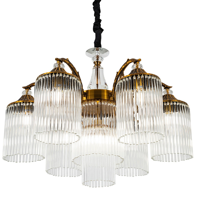 Подвесная люстра с плафонами с виде трубчатых хрустальных подвесок Cadice Chandelier 7 Латунь Прозрачное Стекло в Брянске | Loft Concept 