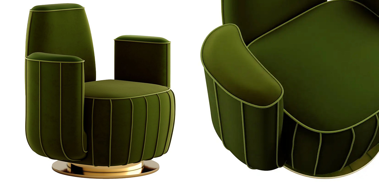 Дизайнерское Кресло-Кактус Modern Green Velvet Armchair Cactus Shape with Gold Swivel Base - Loft-Concept в Брянске