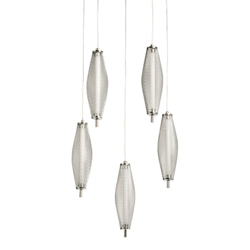 Люстра круглая каскадня с 5-ю плафонами из металлической сетки Mesh Lampshade Lighting Хром в Брянске | Loft Concept 