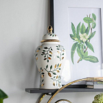 Ваза белая с крышкой с рисунком зеленых и золотых листьев 40 см Chinoiserie Ceramics варинант исполнения - 4 | Loft Concept в Брянске