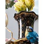 Ваза черная фарфоровая с  узором и бронзовым декором в виде веток с фарфоровой птичкой и цветами Eden Garden варинант исполнения - 4 | Loft Concept в Брянске