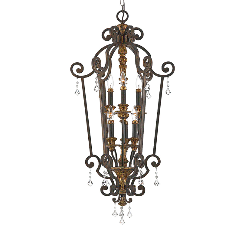 Люстра бронзового цвета с 6-ю лампами и стеклянными подвесками в классическом стиле Quoizel Бронза Прозрачное Стекло Золотой в Брянске | Loft Concept 