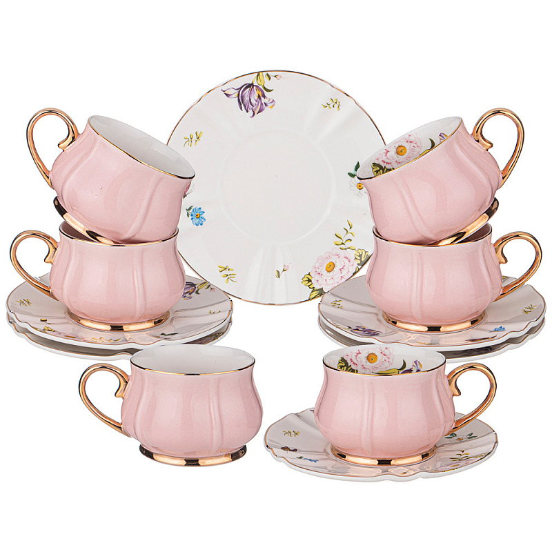 Чайный набор из фарфора на 6 персон 12 предметов Tea Porcelain Set Белый Золотой Розовый Чайный набор из фарфора на 6 персон 12 предметов Tea Porcelain Set Белый Золотой Розовый в Брянске | Loft Concept