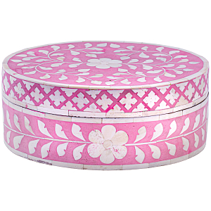 Круглая розовая шкатулка инкрустация кость