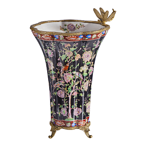 Ваза из фарфора черная с цветочной росписью и бронзовой стрекозой Spring Garden