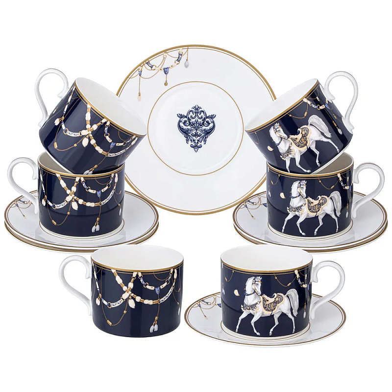 Чайный набор из фарфора с изображением лошадей на 6 персон 12 предметов Porcelain Horse Set Белый Синий Чайный набор из фарфора с изображением лошадей на 6 персон 12 предметов Porcelain Horse Set Белый Синий в Брянске | Loft Concept