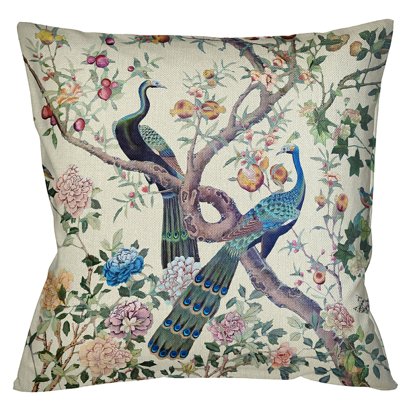 Подушка декоративная с изображением павлинов в саду Beige Chinoiserie Garden Two Peacocks Cushion Бежевый Мульти Подушка декоративная с изображением павлинов в саду Beige Chinoiserie Garden Two Peacocks Cushion Бежевый Мульти в Брянске | Loft Concept