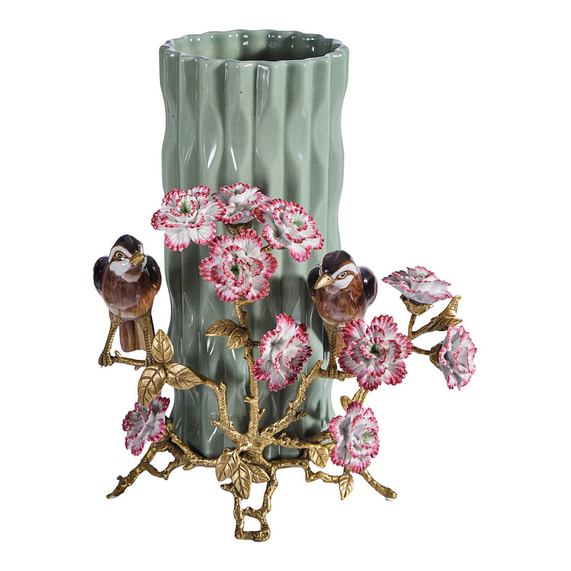 Ваза с птицами и цветами из фарфора с бронзовыми элементами Garden of Eden Бронза Мульти Зеленый в Брянске | Loft Concept 