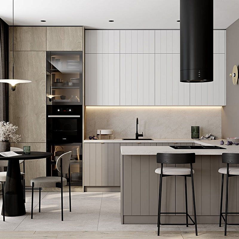 Кухонный гарнитур с фасадом в полоску Rainier Kitchen Set Серый Бежевый Белый Древесина Кухонный гарнитур с фасадом в полоску Rainier Kitchen Set Серый Бежевый Белый Древесина в Брянске | Loft Concept