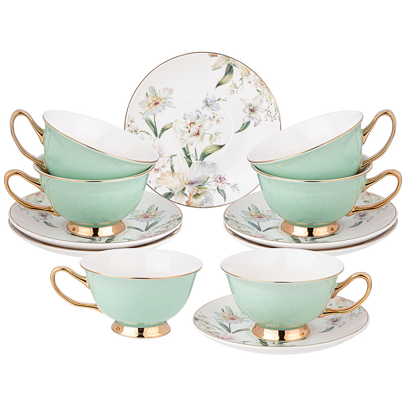 Чайный набор из фарфора на 6 персон Tea Porcelain Set Белый Золотой Зеленый Чайный набор из фарфора на 6 персон Tea Porcelain Set Белый Золотой Зеленый в Брянске | Loft Concept