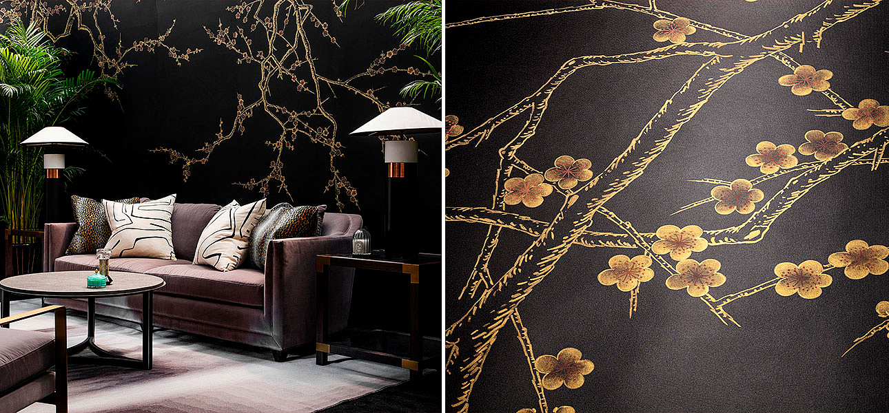 Обои ручная роспись Plum Blossom Colourway SC-226 on black painted silk Обои ручная роспись Plum Blossom Colourway SC-226 on black painted silk - Loft-Concept в Брянске