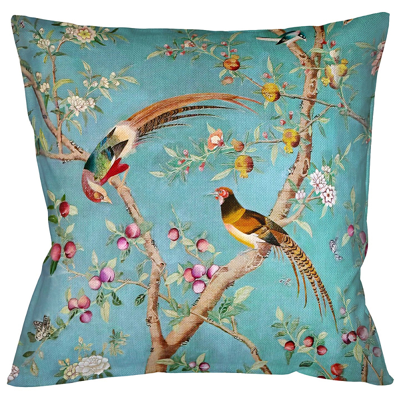 Подушка декоративная с изображением птиц в саду Chinoiserie Birds in the Peach Orchard Cushion Мульти Бирюзовый Подушка декоративная с изображением птиц в саду Chinoiserie Birds in the Peach Orchard Cushion Мульти Бирюзовый в Брянске | Loft Concept