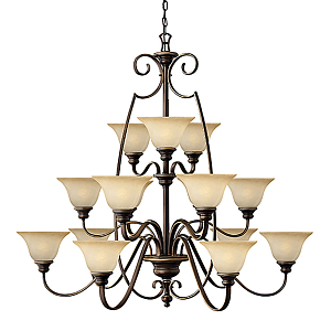 Люстра трехъярусная бронзового цвета с 15-ю кремовыми плафонами в форме чаш Hinkley