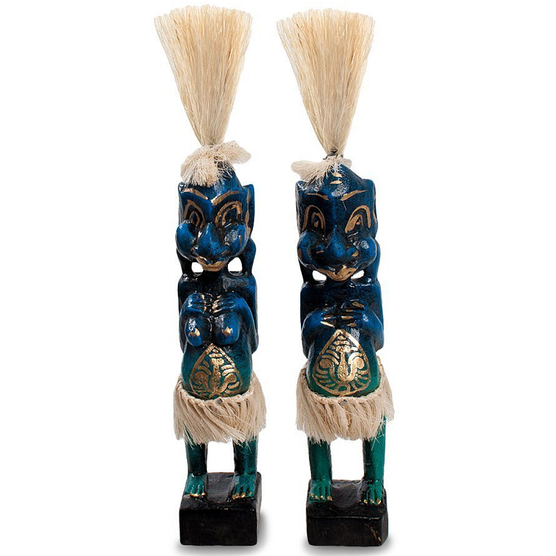Комплект из 2-х деревянных статуэток Asmat Straw Headdress Statuettes Blue Tattoo Синий Бирюзовый Бежевый Золотой Мульти Комплект из 2-х деревянных статуэток Asmat Straw Headdress Statuettes Blue Tattoo Синий Бирюзовый Бежевый Золотой Мульти в Брянске | Loft Concept