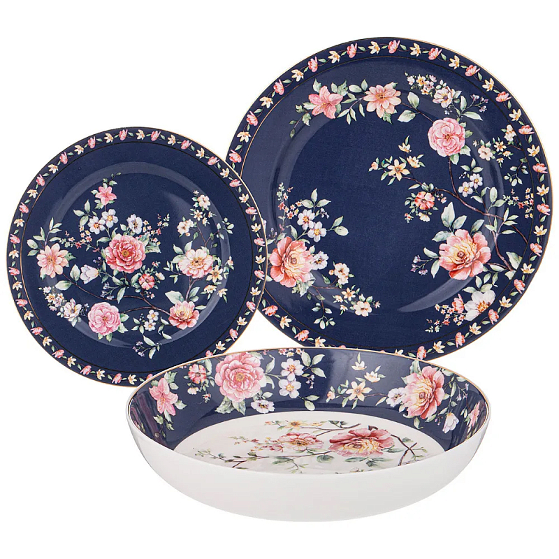 Набор посуды обеденный из фарфора на 6 персон 18 предметов Flower Porcelain Collection Синий Красный Зеленый Набор посуды обеденный из фарфора на 6 персон 18 предметов Flower Porcelain Collection Синий Красный Зеленый в Брянске | Loft Concept