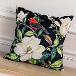 Декоративная подушка чёрная с изображением птицы в саду Blooming Red Birds варинант исполнения - 2 | Loft Concept в Брянске