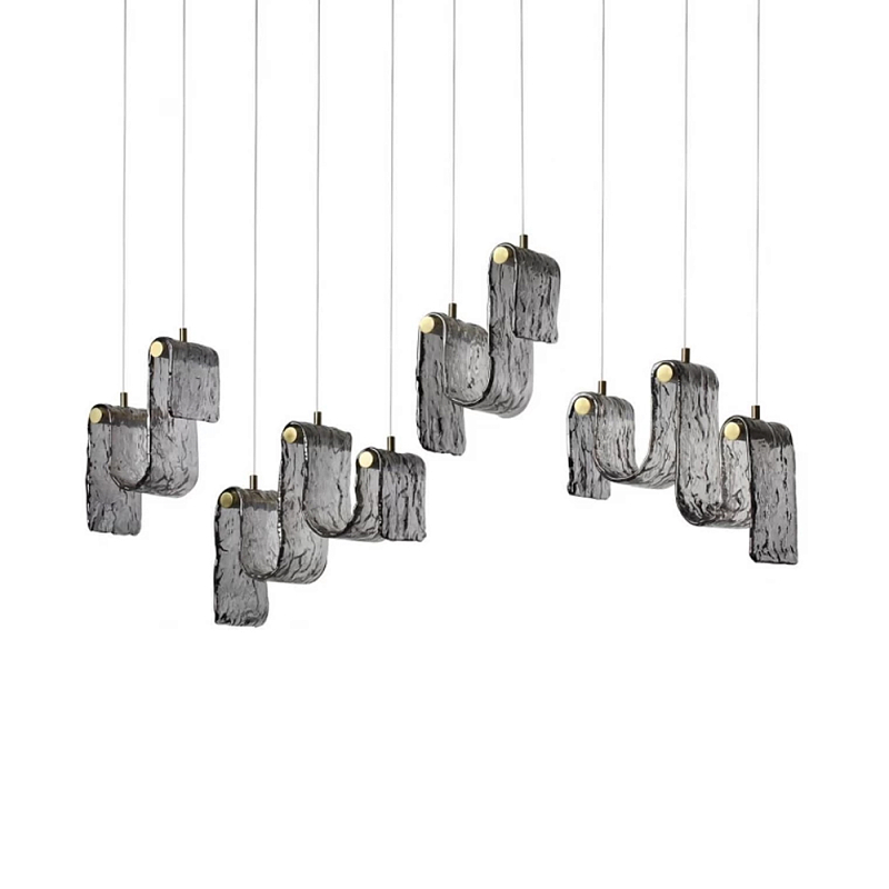 Подвесной светильник линейный с плафонами волнистой формы из фактурного стекла Big Wave Дымчатый (Smoke) Янтарный в Брянске | Loft Concept 