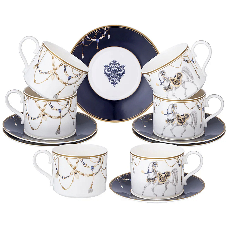 Чайный набор из фарфора с изображением лошадей на 6 персон 12 предметов Porcelain Horse Set Белый Синий Чайный набор из фарфора с изображением лошадей на 6 персон 12 предметов Porcelain Horse Set Белый Синий в Брянске | Loft Concept