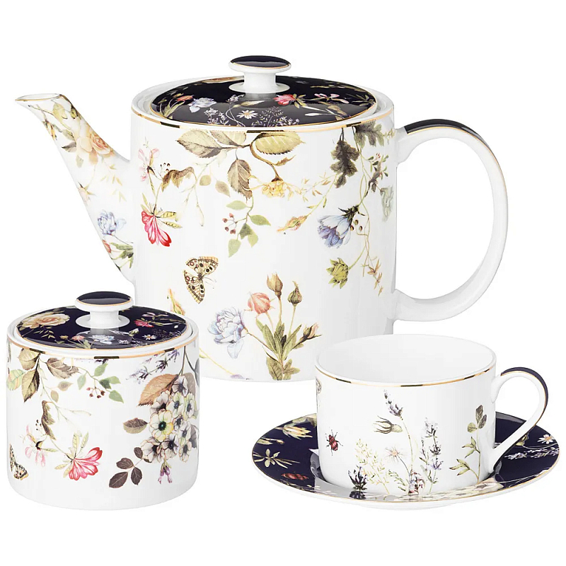 Чайный сервиз из фарфора с цветочным принтом на 6 персон 14 предметов Garden Whisper Porcelain Set Белый Темно-синий Мульти Чайный сервиз из фарфора с цветочным принтом на 6 персон 14 предметов Garden Whisper Porcelain Set Белый Темно-синий Мульти в Брянске | Loft Concept