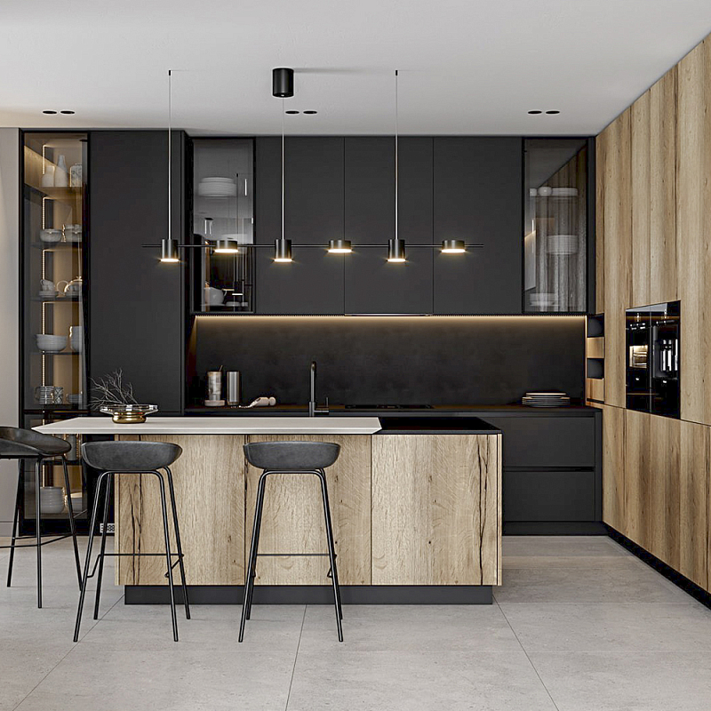 Черный матовый кухонный гарнитур с фасадом под дерево Axelle Kitchen Set Черный матовый Древесина Черный матовый кухонный гарнитур с фасадом под дерево Axelle Kitchen Set Черный матовый Древесина в Брянске | Loft Concept