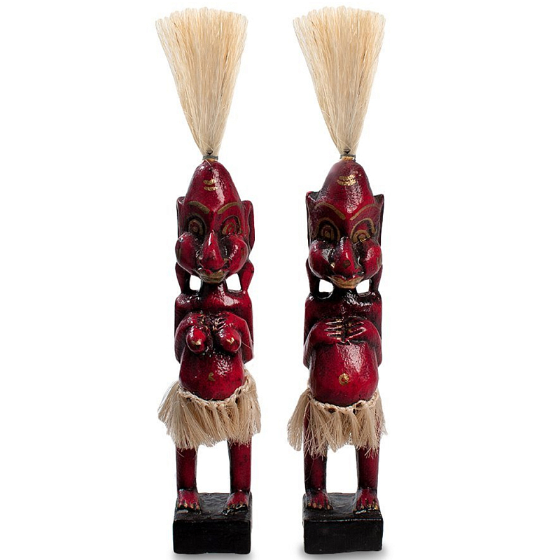 Комплект из 2-х деревянных статуэток Asmat Straw Headdress Statuettes Red Красный Черный Бежевый Комплект из 2-х деревянных статуэток Asmat Straw Headdress Statuettes Red Красный Черный Бежевый в Брянске | Loft Concept