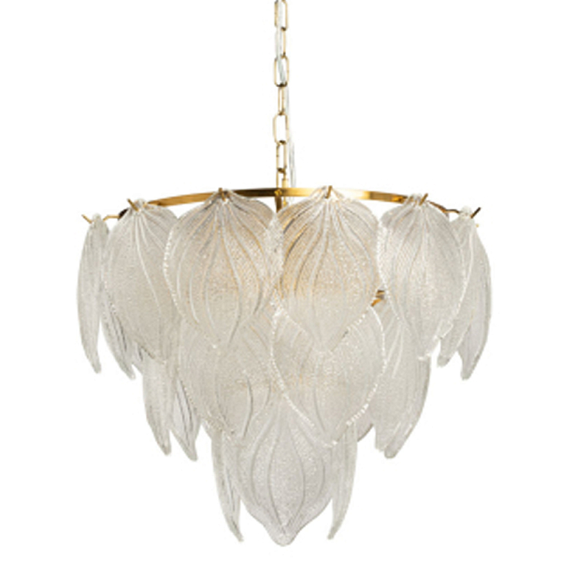 Люстра на цепи с прозрачными стеклянными подвесками в виде листьев Textured Glass Chandelier Прозрачное Стекло Латунь в Брянске | Loft Concept 