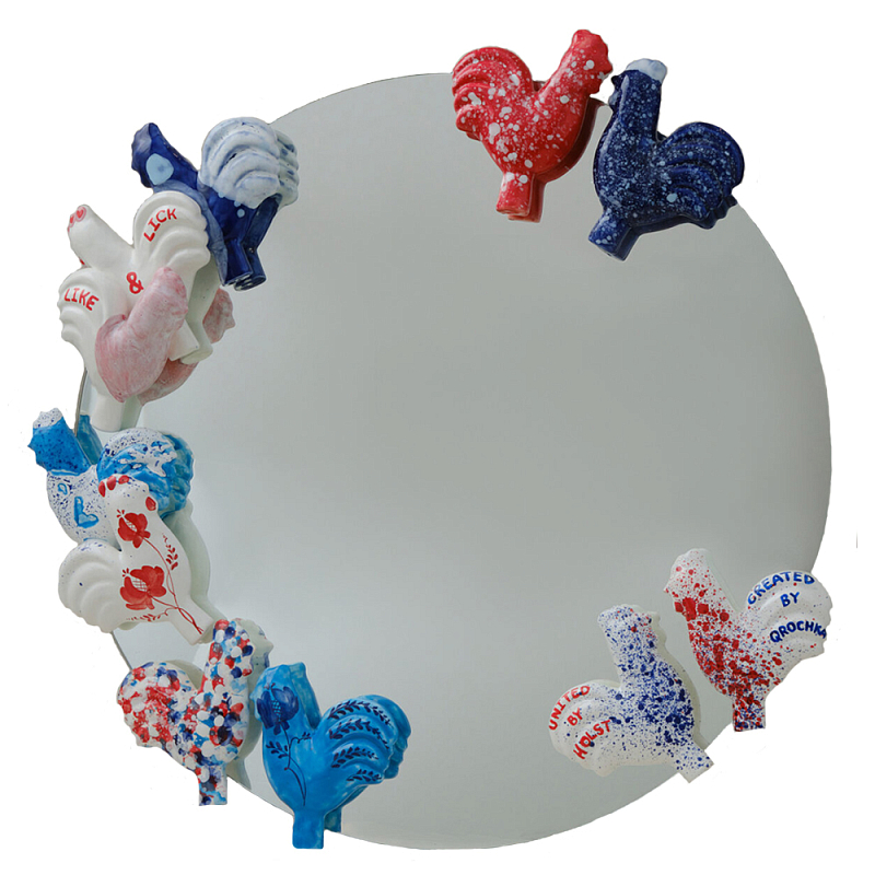 Зеркало круглое с декором в виде петушков Cockerel Синий Красный Белый в Брянске | Loft Concept 