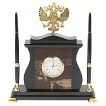 Часы настольные с Гербом России и 2-мя шариковыми ручками в комплекте Stone Clock варинант исполнения - 5 | Loft Concept в Брянске