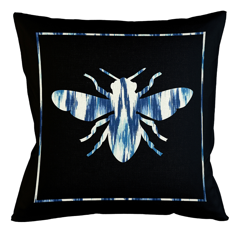 Подушка декоративная пчела с синим узором Ikat Pattern Черный Белый Синий Бежевый Подушка декоративная пчела с синим узором Ikat Pattern Черный Белый Синий Бежевый в Брянске | Loft Concept